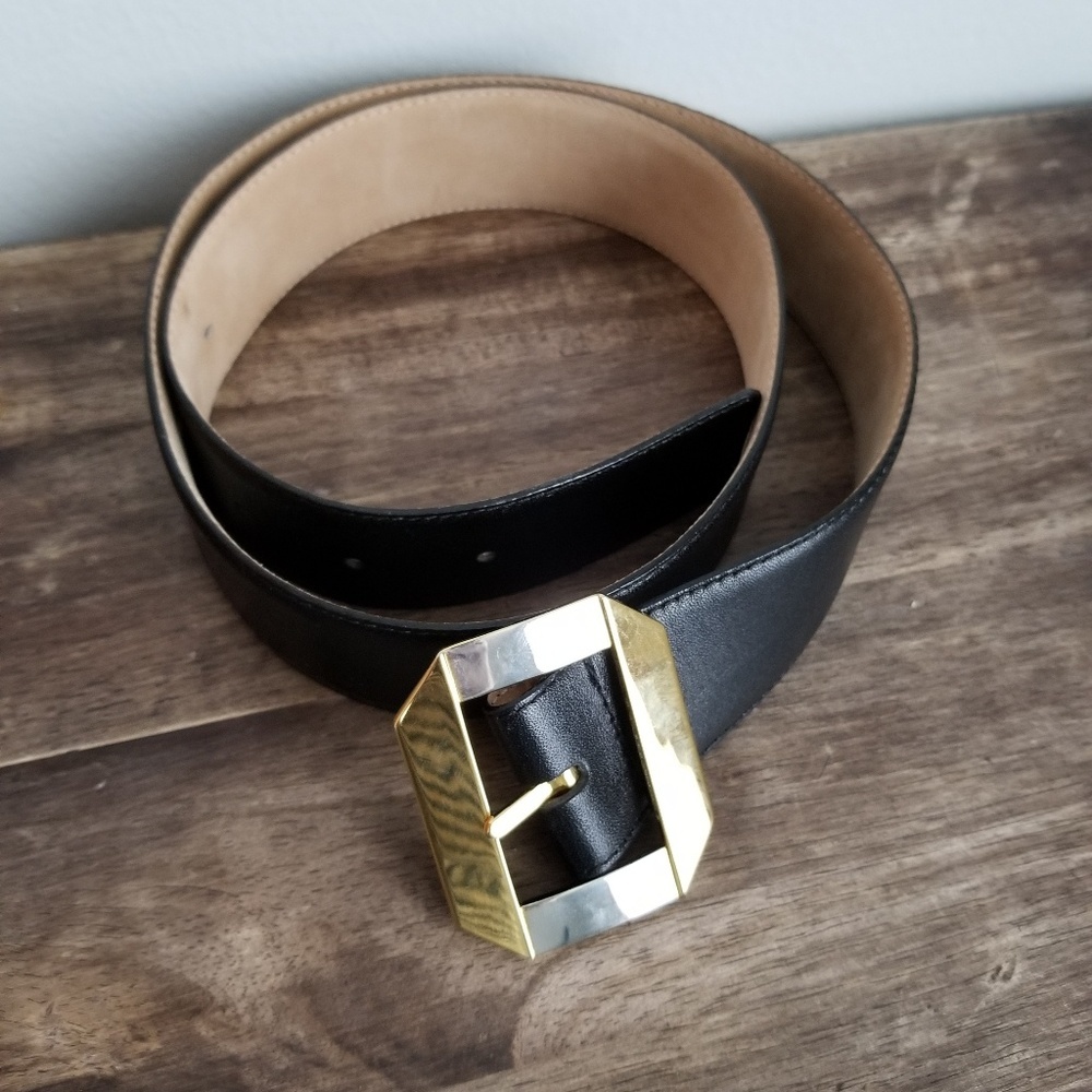 Liz Clairborne leather belt silver gold buckle